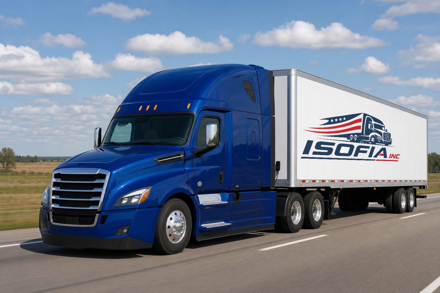 ISOFIA INC branded royal blue semi-truck