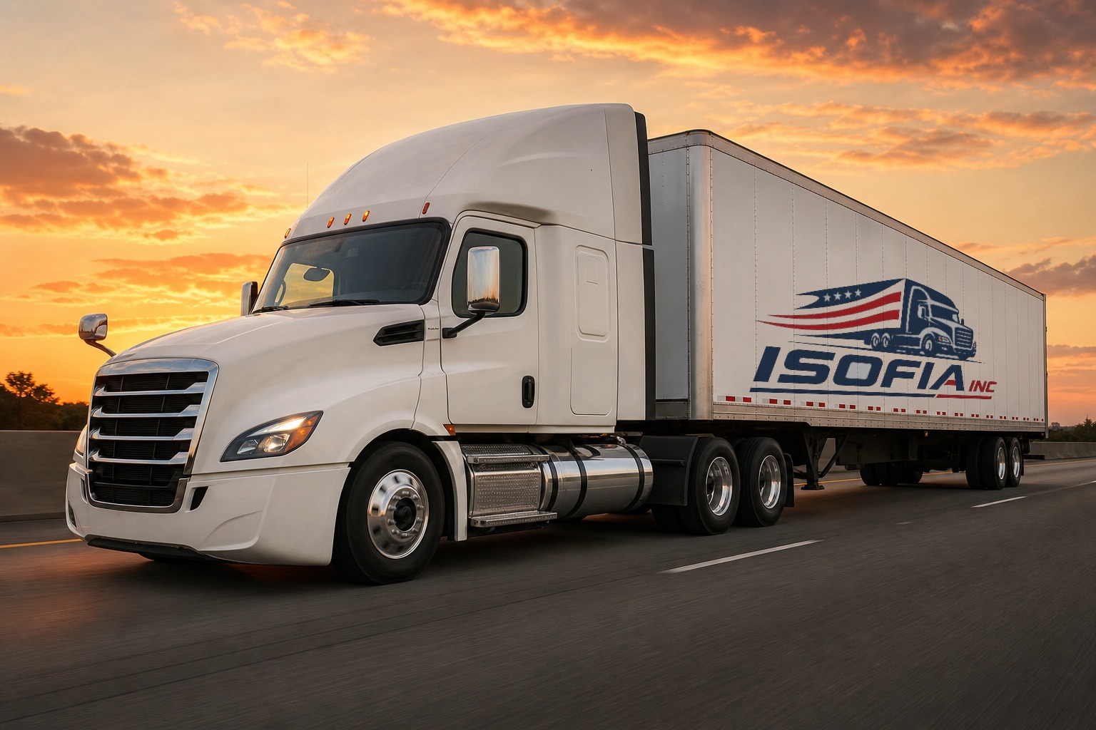 ISOFIA INC branded white semi-truck